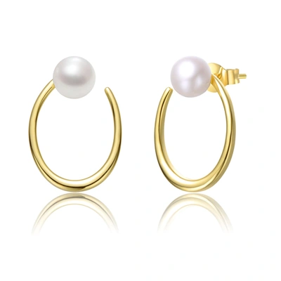 Genevive Sterling Silver 14k Yellow Gold Plated With White Pearl Oblong Oval Halo Hoop Dangle Earrings