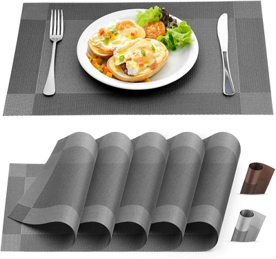 Zulay Kitchen Vinyl Woven Washable Placemats For Dining - Table Set Of 6 In Grey
