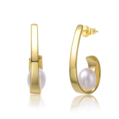 Genevive Sterling Silver 14k Yellow Gold Plated With White Pearl Ribbon Half-hoop Drop Earrings