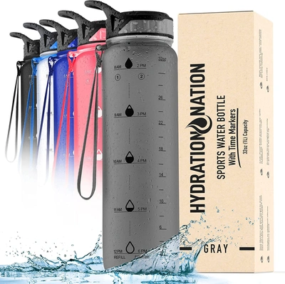 Zulay Kitchen Hydration Nation Water Bottle With Time Marker 32 oz In Grey