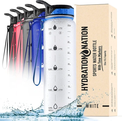 Zulay Kitchen Hydration Nation Water Bottle With Time Marker 32 oz In White