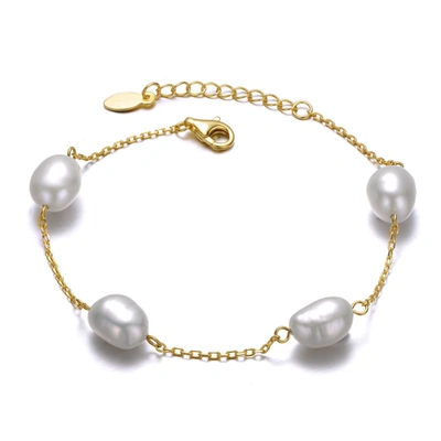 Genevive Sterling Silver 14k Yellow Gold Plated With Gray Freshwater Pearl Station Bracelet With Adjustable E