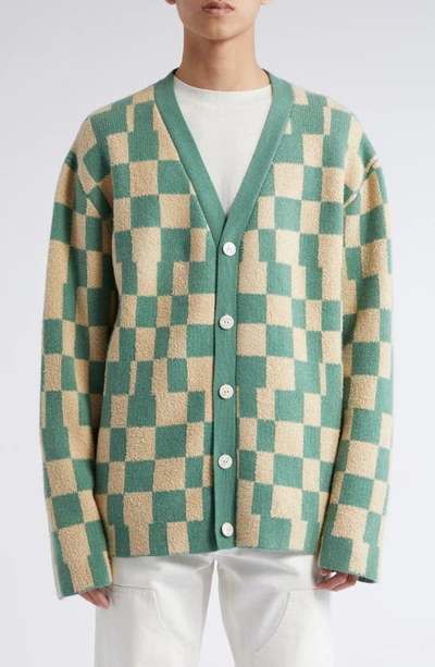 The Elder Statesman Green Checkerboard Print Knitted Cardigan