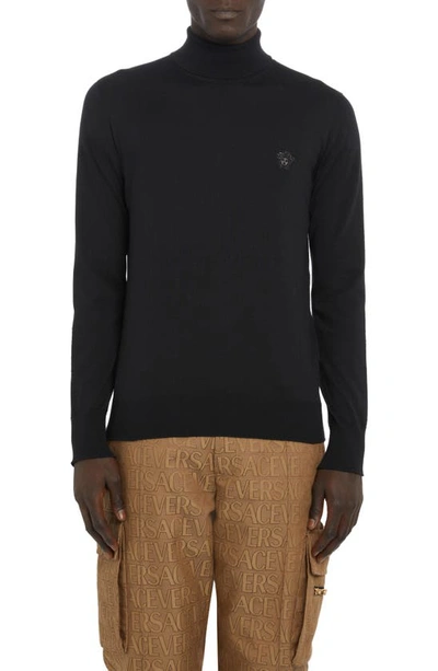 Versace Logo Wool Blend Knit Turtleneck Sweater In 1b000-black