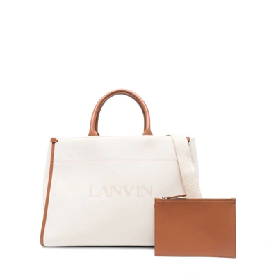 Lanvin Logo印花皮质手提包 In White