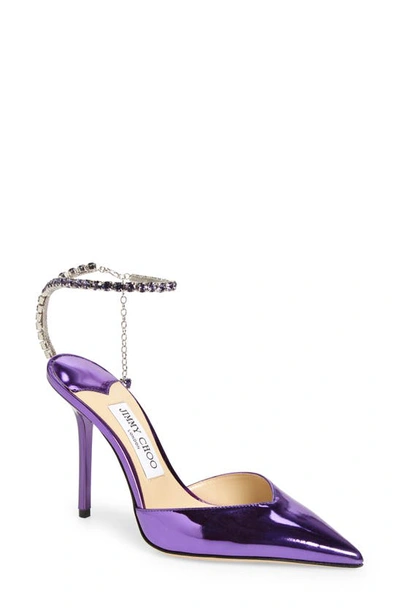 Jimmy Choo Saeda Crystal Ankle Strap Pointed Toe Pump In Purple