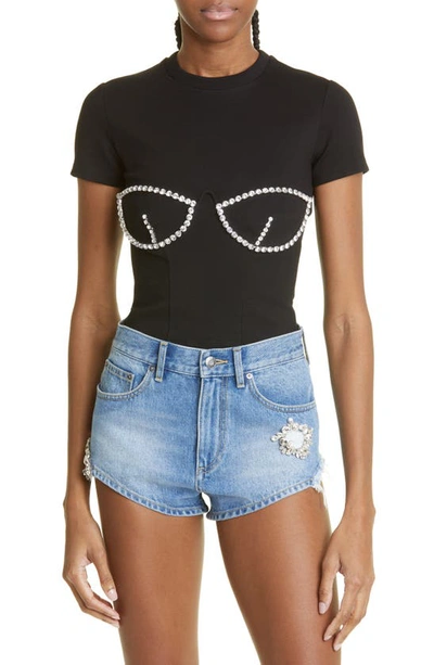 Area Bustier-style Crystal-embellished T-shirt In Black