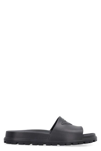 Prada Men's Triangle Logo Rubber Slides In Black