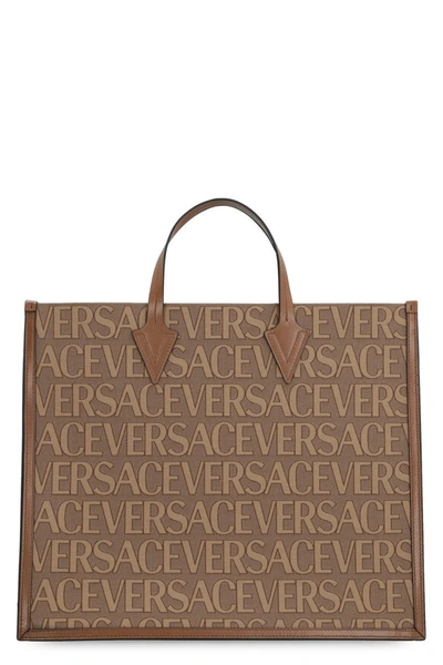Versace Canvas And Leather Shopping Bag In Beige