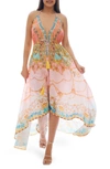 Ranee's Mixed Print Tassel Handkerchief Maxi Dress In Pink