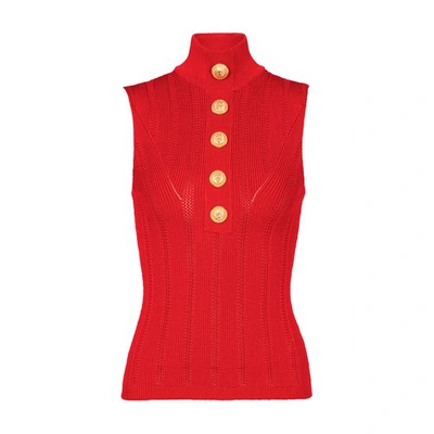 Balmain Buttoned High-neck Knit Top In Red