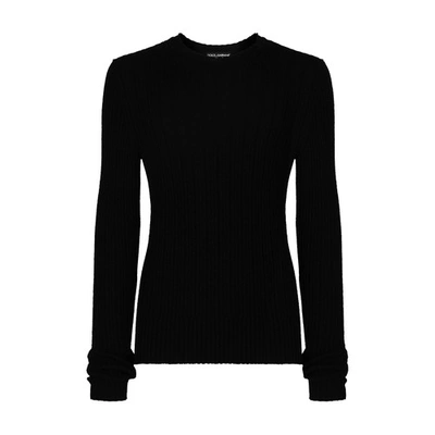 Dolce & Gabbana Crew Neck Sweater In Ribbed Technical Cotton In Black