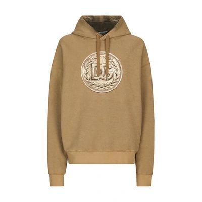 Dolce & Gabbana Reverse Jersey Hoodie With Hood And Coin Print In Sand