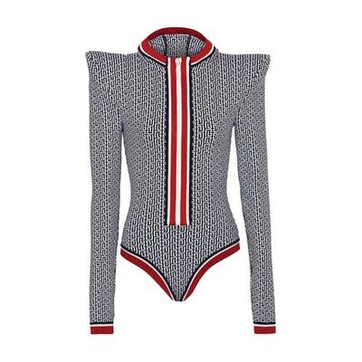Balmain Monogram-print Hooded Bodysuit In Multicolor