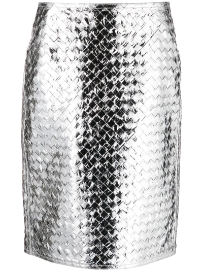 Bottega Veneta Intrecciato-leather Midi Skirt In Silver