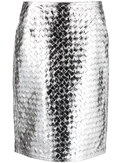 Bottega Veneta Intrecciato-leather Midi Skirt In Metallic