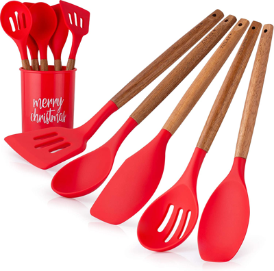 Zulay Kitchen Non-stick Silicone Utensils Set (5-piece) With Authentic Acacia Wood Handles & Utensil Holder In Red