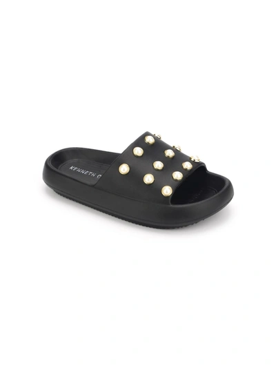 Kenneth Cole New York Mello Eva Pearl Womens Embellished Comfort Insole Slide Sandals In Black