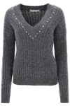 Alessandra Rich Wool Knit Sweater With Studs And Crystals In Grey