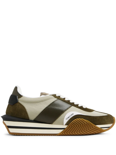Tom Ford James Raised-sole Suede And Canvas Trainers In Green