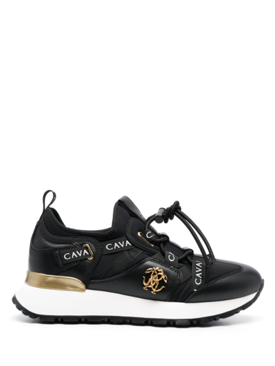 Roberto Cavalli Logo-tape Detailing Leather Trainers In Black