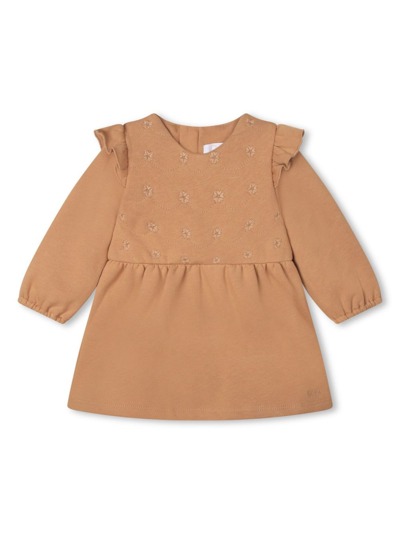 Chloé Babies' 荷叶边细节长袖连衣裙 In Brown