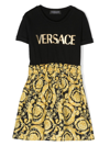 Versace Kids' Barocco Print Cotton Logo Dress In Black Yellow