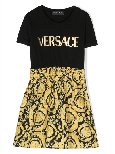 Versace Girl's Barocco Logo-print Combo Dress In Black Yellow