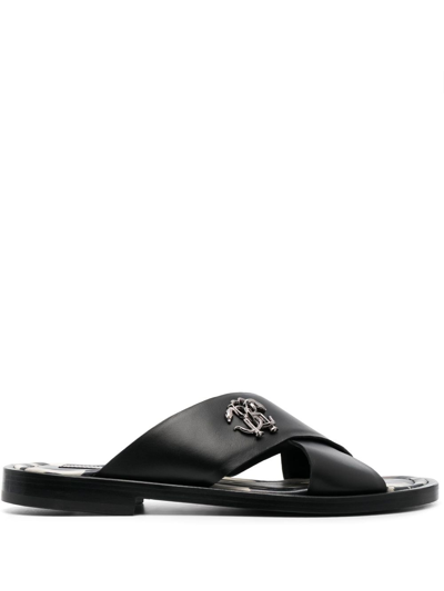 Roberto Cavalli Men's Crisscross Leather Slide Sandals In Black