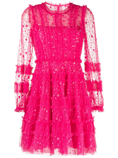 Needle & Thread Long-sleeved Shimmer Mini Dress In Pink
