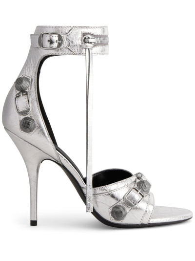 Balenciaga Cagole Lambskin Ankle-cuff Stiletto Sandals In Silver