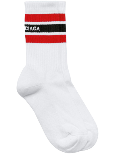 Balenciaga Striped Logo-print Crew Socks In White Red