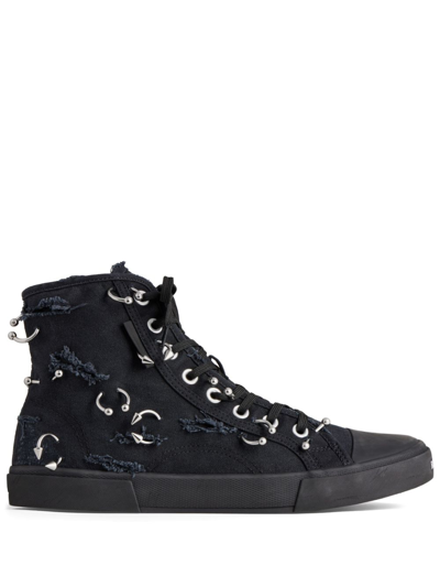 Balenciaga Paris Embellished Distressed Canvas High-top Sneakers In Black