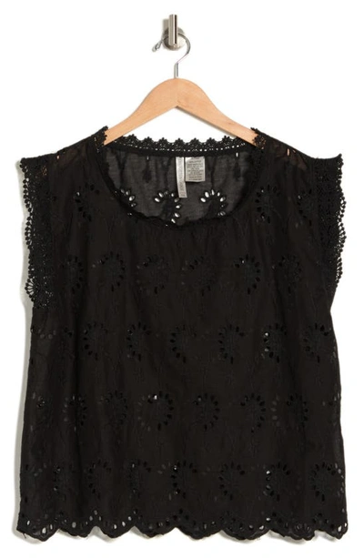 Forgotten Grace Lace Trim Embroidered Eyelet Cotton Blouse In Black