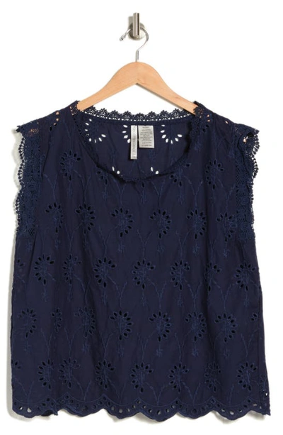Forgotten Grace Lace Trim Embroidered Eyelet Cotton Blouse In Navy