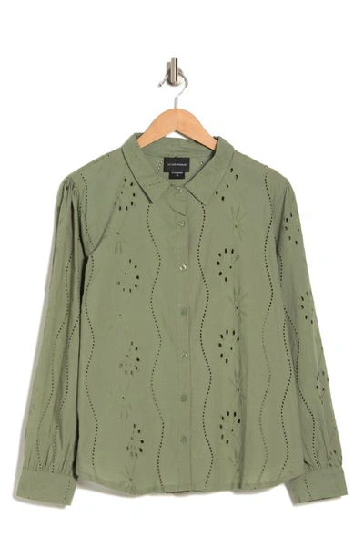 Forgotten Grace Embroidered Eyelet Long Sleeve Button-up Shirt In Oil Green