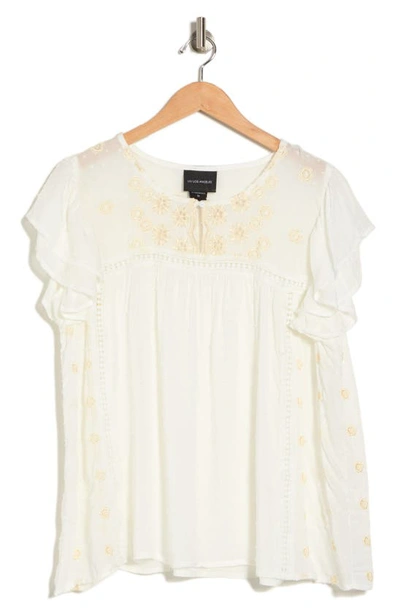 Forgotten Grace Flutter Sleeve Embroidered Swiss Dot Blouse In White