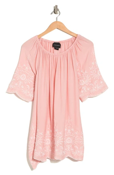 Forgotten Grace Embroidered Trim Peasant Tunic Top In Dark Pink/ White