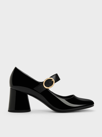 Charles & Keith Patent Cylindrical Block Heel Mary Janes In Black Patent