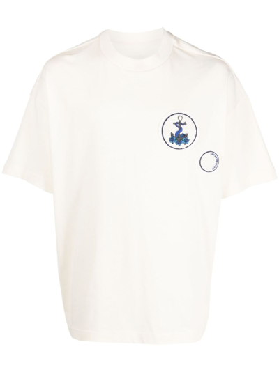 Emporio Armani Motif-embroidered Cotton T-shirt In Neutrals