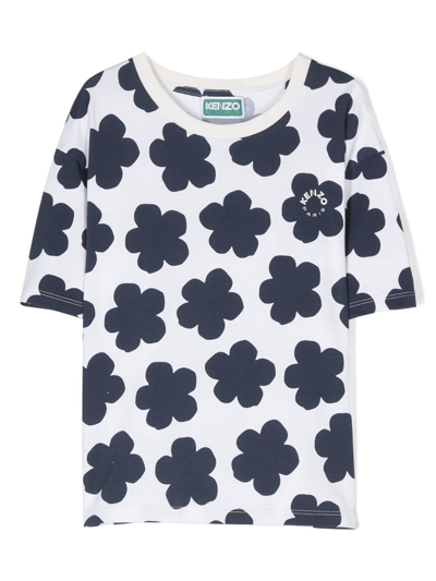 Kenzo Kids' Floral-print Stretch-cotton T-shirt In White