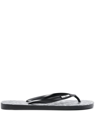 Roberto Cavalli Animal-print Logo Flip Flops In Black