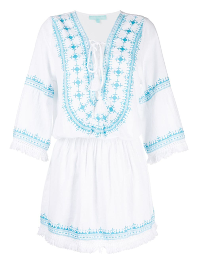 Melissa Odabash Martina Cotton And Linen Embroidered Minidress In White Aqua