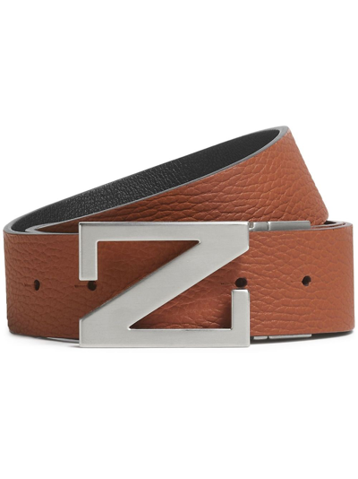 Zegna Logo-plaque Leather Reversible Belt In Brown
