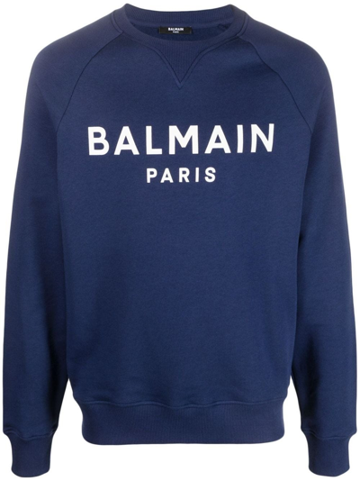 Balmain Logo Cotton Sweatshirt In Blue
