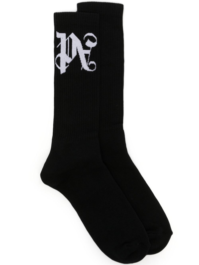Palm Angels Intarsia-logo Ribbed Socks In Black