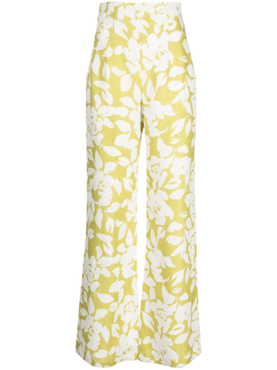 Bambah Green Lilly Flared Linen Trousers In Yellow