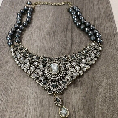 Pre-owned Heidi Daus $300  "worth Waiting For" Hematite Clear Crystal Drop Necklace In Jewel Tones