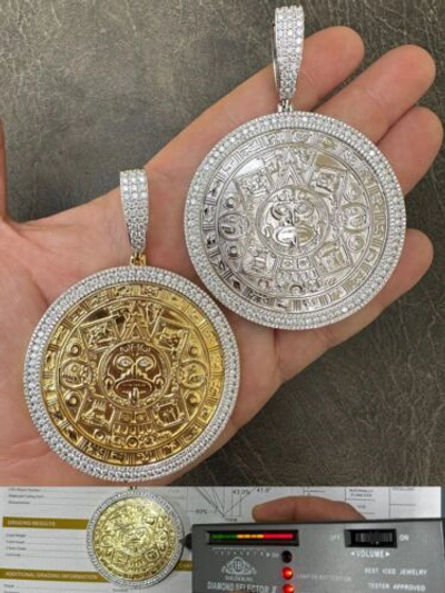 Pre-owned Harlembling Huge Moissanite Aztec Calendar Mayan Sun God Iced 925 Silver Pendant Necklace