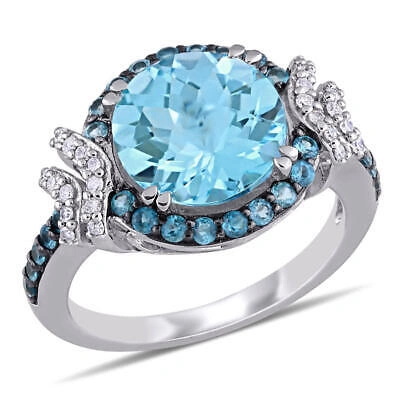 Pre-owned Amour 1/8 Ct Tw Diamond And 4 4/5 Ct Tgw London And Sky Blue Topaz Halo Ring In In White